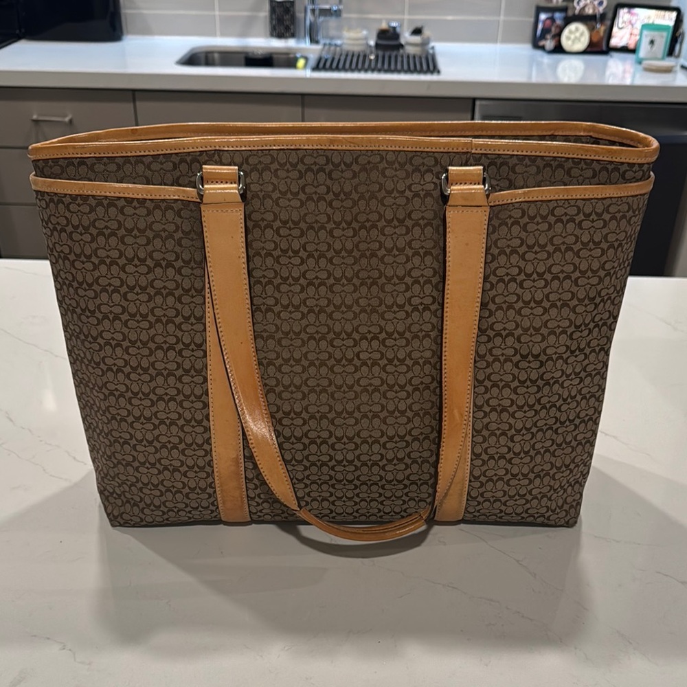 Coach Khaki Signature Tote Bag with Tan Straps, Multi function diaper bag